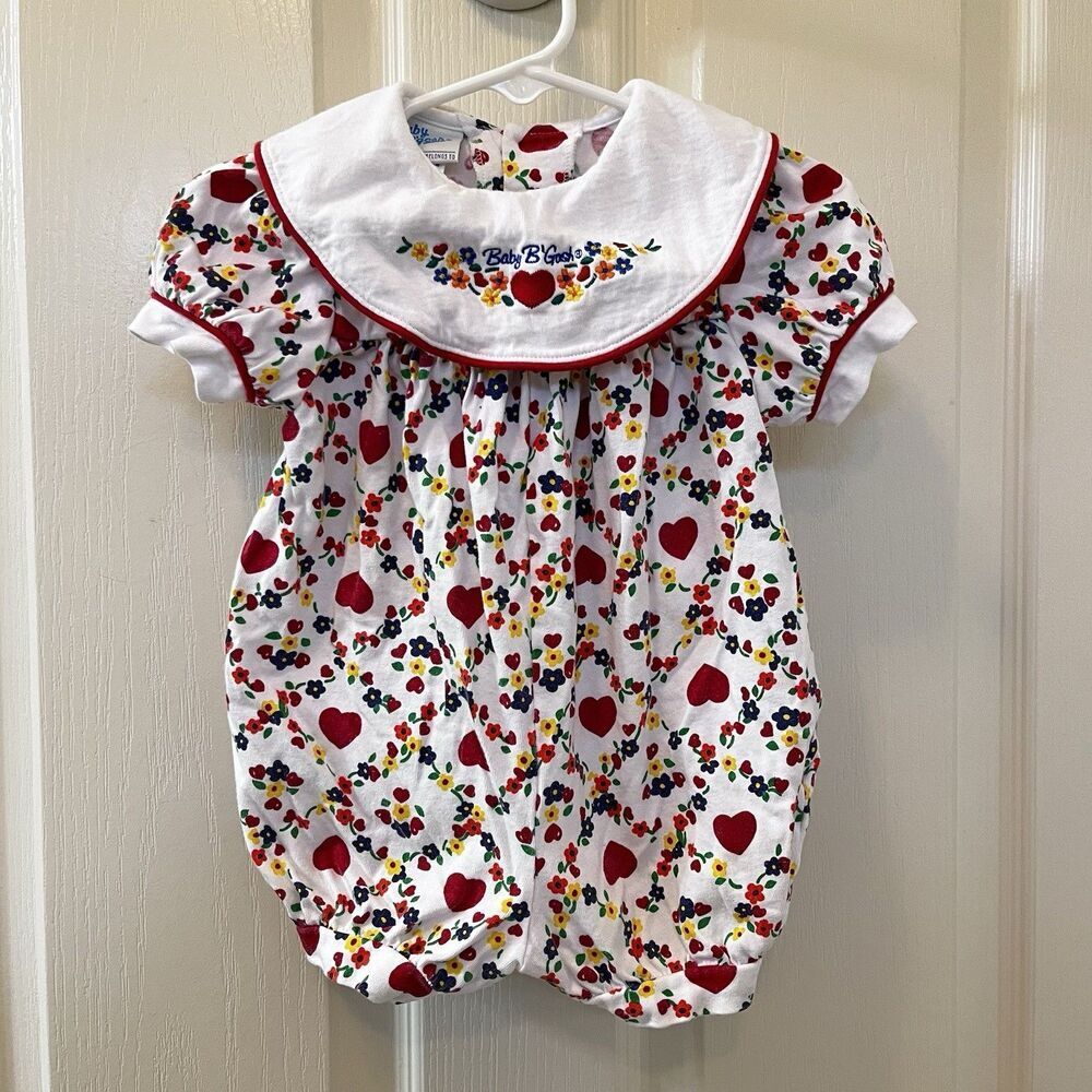 Vintage Oshkosh Baby B'gosh Floral Hearts Bubble Romper Collared Girls 12 Months